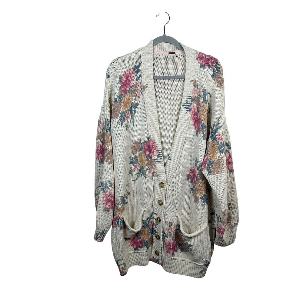 Free People Floral Cardigan Women XL Ivory Pink Boho Oversized Excellent Pocket